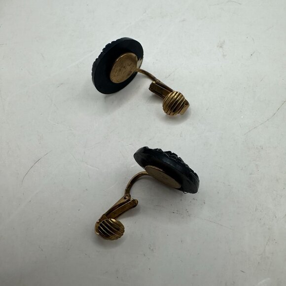 Vintage Black Clip-On Earrings With Textured Design & Brass Hardware - Picture 5 of 5